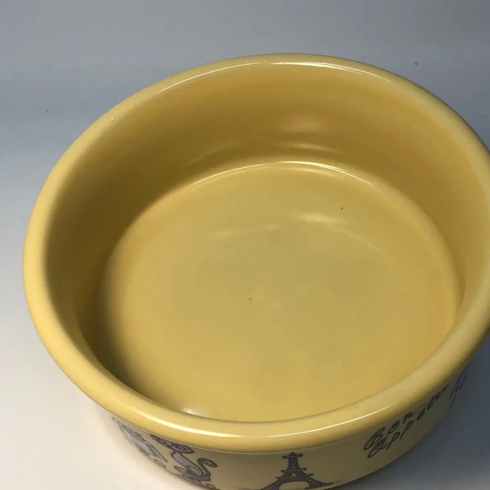 Yellow Ceramic Pet Bowl with cat & Eiffel Tower Design